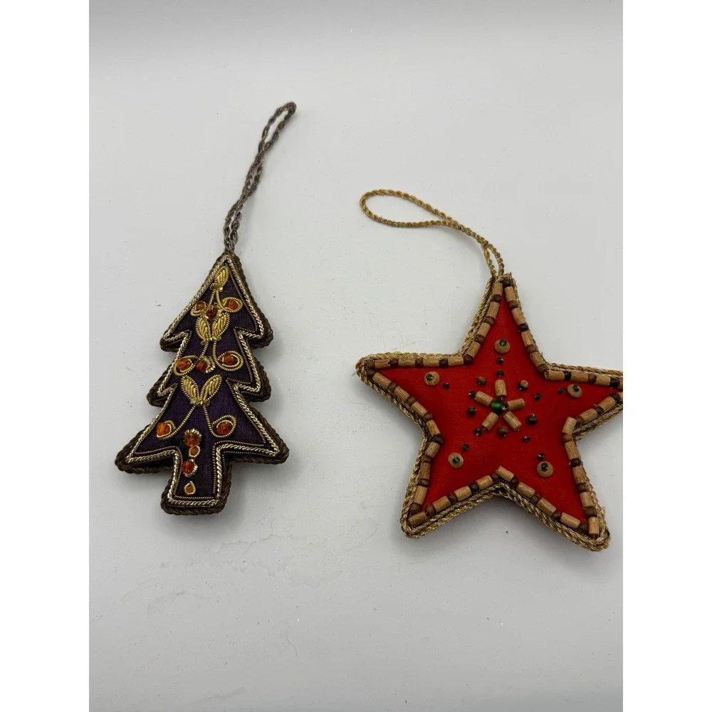 Handmade Beaded Fabric Christmas Ornaments Set Purple Tree Red Star Gold Trim